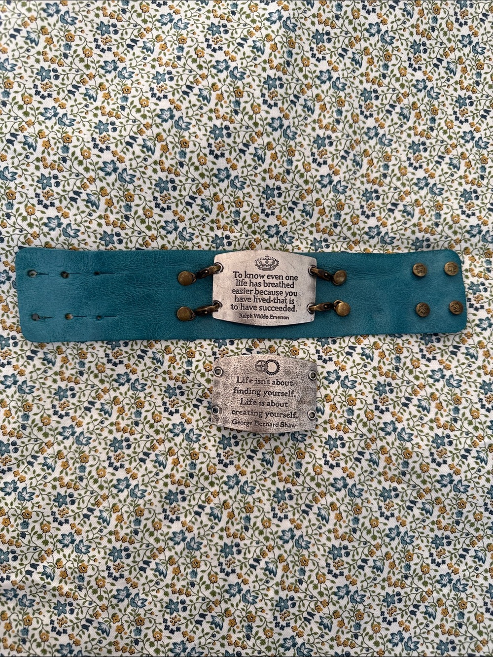 Turquoise Leather Cuff Bracelet with Inspirational Plate